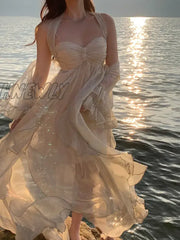 Hnewly France Fashion Irregular Beach Strap Dress Female Elegant Chiffon Fairy Party Vestidos Korea