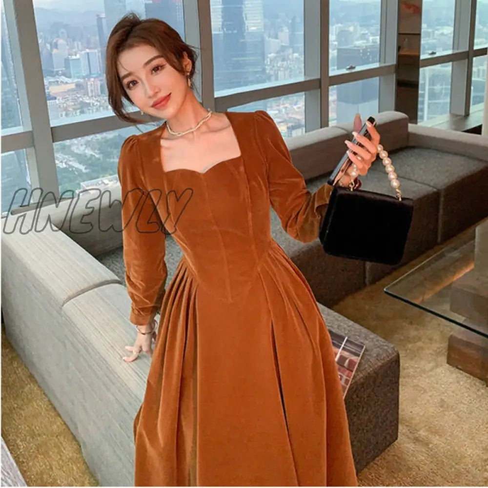 Hnewly France Vintage Dress Women Autumn Winter Solid Retro Elegant Evening Party Midi Long Slevee