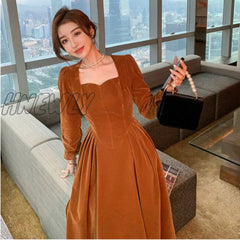 Hnewly France Vintage Dress Women Autumn Winter Solid Retro Elegant Evening Party Midi Long Slevee
