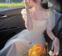 Hnewly French Elegant Midi Dress Women Short Sleeve Beach Style Fairy Even Party Office Lady Korean