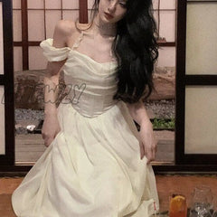 Hnewly French Elegant Midi Dress Women Short Sleeve Beach Style Fairy Even Party Office Lady Korean