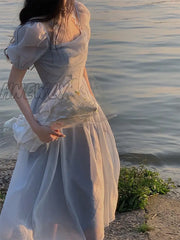 Hnewly French Elegant Midi Dress Women Short Sleeve Beach Style Fairy Even Party Office Lady Korean