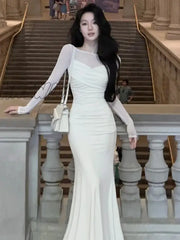 Hnewly French Elegant Women New White Mermaid Dress Fashion Patchwork Lady Slim Vestidos Clothes