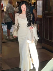 Hnewly French Elegant Women New White Mermaid Dress Fashion Patchwork Lady Slim Vestidos Clothes