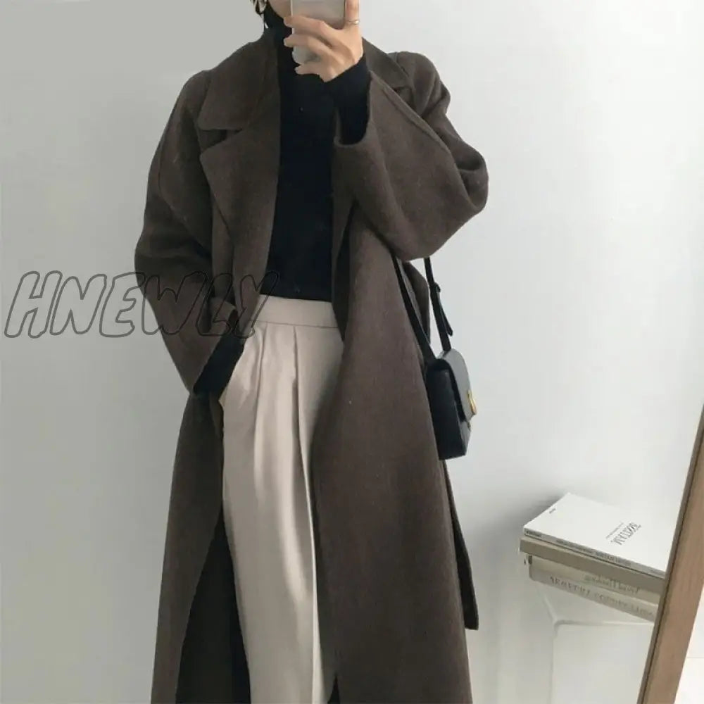 Hnewly French Lazy Style Warm Female Fresh Winter Classical Belt Retro Loose Women Woolen Coats