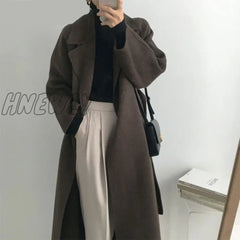 Hnewly French Lazy Style Warm Female Fresh Winter Classical Belt Retro Loose Women Woolen Coats