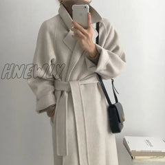 Hnewly French Lazy Style Warm Female Fresh Winter Classical Belt Retro Loose Women Woolen Coats