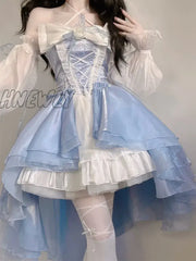 Hnewly French Romantic Style Lolita Op Elegant Girl Cosplay Princess Puff Sleeve Ribbon Bowknot
