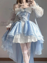 Hnewly French Romantic Style Lolita Op Elegant Girl Cosplay Princess Puff Sleeve Ribbon Bowknot