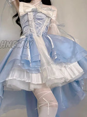 Hnewly French Romantic Style Lolita Op Elegant Girl Cosplay Princess Puff Sleeve Ribbon Bowknot