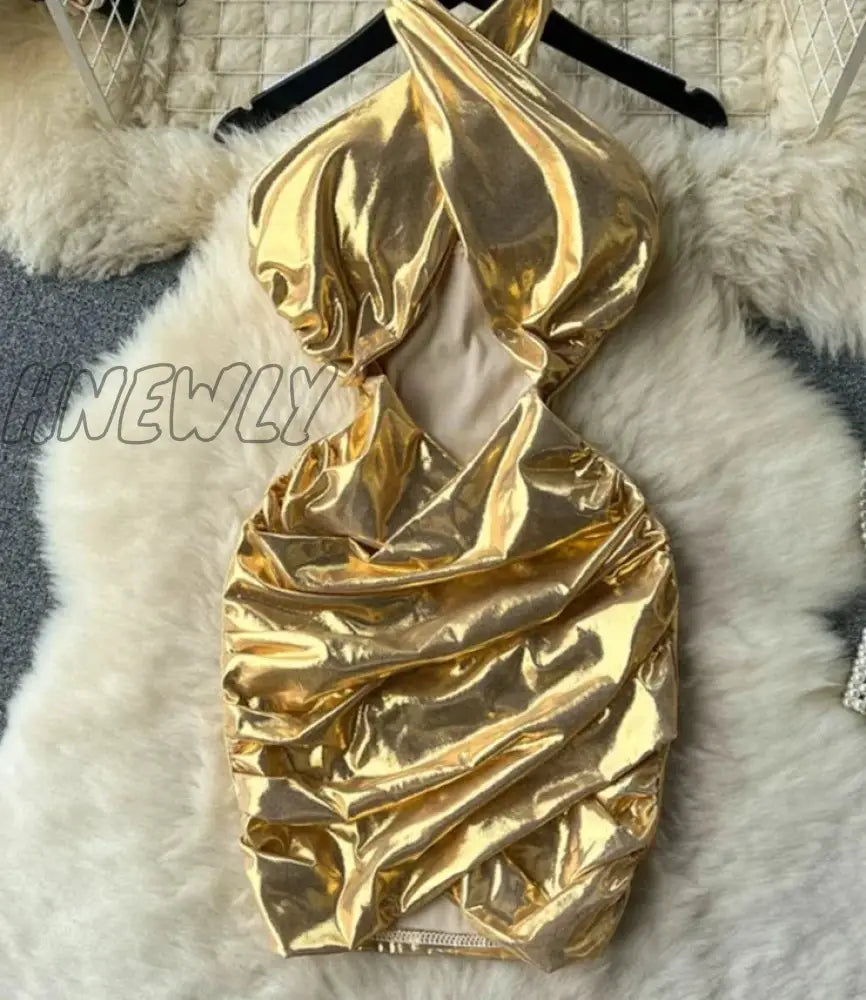 Hnewly French Style Hollow Out Shiny Short Skirt Fashion Halter Ruched Backless Bodycon Sexy Dress