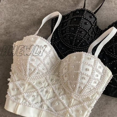 Hnewly Full Beads Female Corset Top Camis Nightclub Sexy Rhinestones Short Chest Binder Camisole