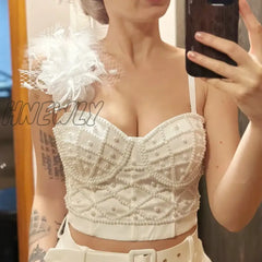 Hnewly Full Beads Female Corset Top Women Camis Nightclub Pearls Short Chest Binder Sexy Camisole