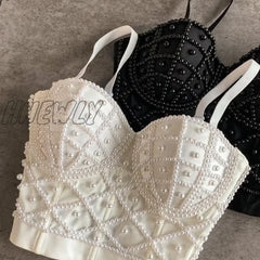 Hnewly Full Beads Female Corset Top Women Camis Nightclub Pearls Short Chest Binder Sexy Camisole