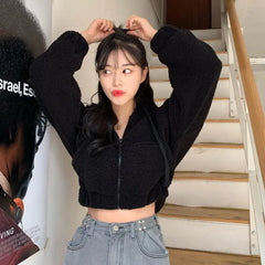 Hnewly Furry Hooded Cropped Jackets Zipper Coats Women’s Jacket Winter Black Short 90S Harajuku