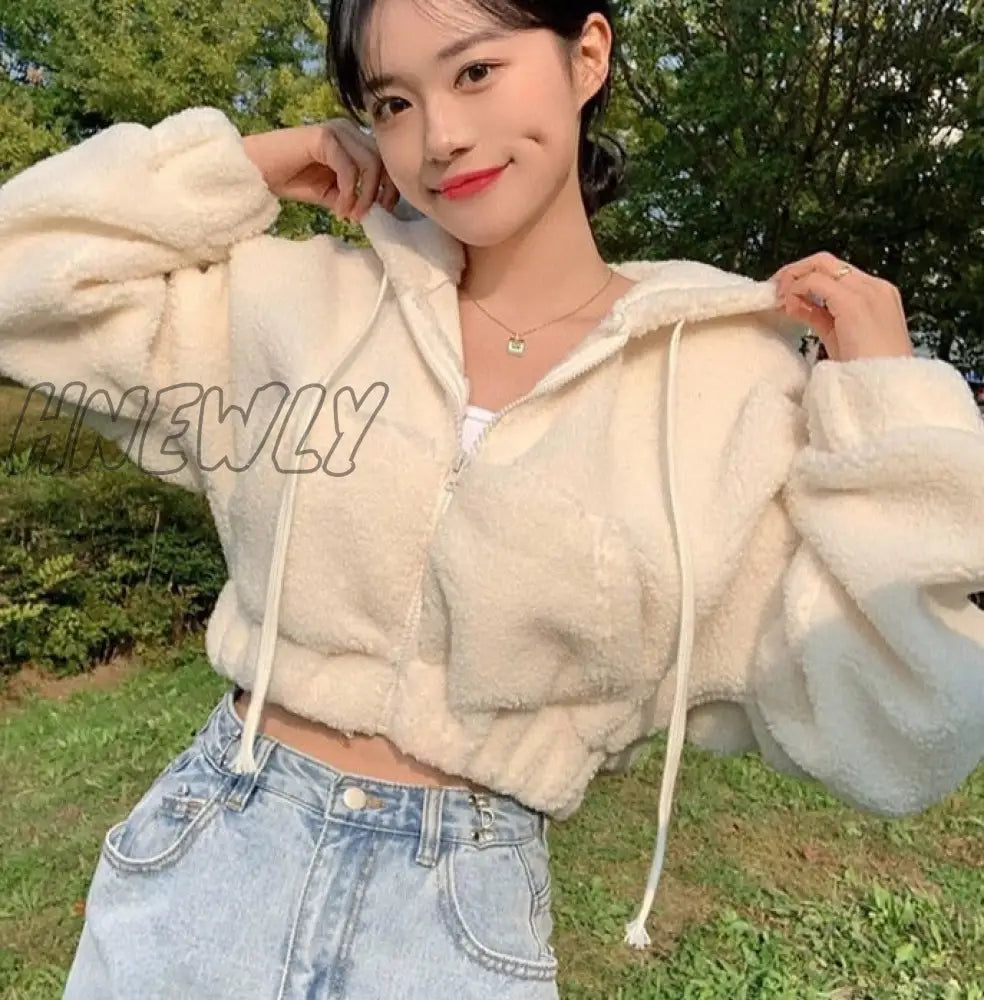 Hnewly Furry Hooded Cropped Jackets Zipper Coats Women’s Jacket Winter Black Short 90S Harajuku