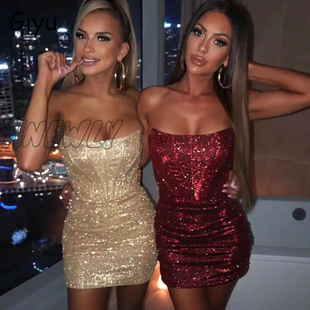 Hnewly Giyu Night Club Party Woman Dress Sexy Bodycon Glitter Strapless Mini Dresses Summer Elegant