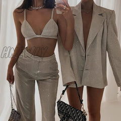 Hnewly Glitter Silver Party Blazers For Women Elegant Stylish Suit Trousers Vest Commuter Sexy