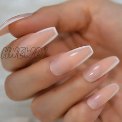 Glossy White French Press On False Nails Extra Long Coffin Ballerina Shape Gel Nude Fingersnails