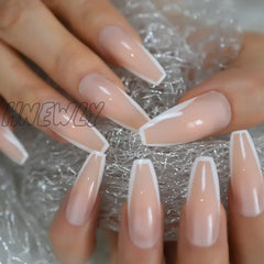 Glossy White French Press On False Nails Extra Long Coffin Ballerina Shape Gel Nude Fingersnails