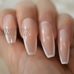 Glossy White French Press On False Nails Extra Long Coffin Ballerina Shape Gel Nude Fingersnails