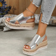 Hnewly - Gold Casual Hollowed Out Patchwork Fish Mouth Door Wedges Shoes (Heel Height 1.97In) Shoes