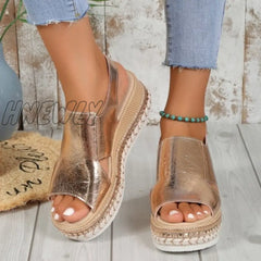 Hnewly - Gold Casual Hollowed Out Patchwork Fish Mouth Door Wedges Shoes (Heel Height 1.97In) Shoes