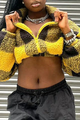 Hnewly - Gold Casual Plaid Patchwork Zipper Collar Outerwear Coats Blazer & Jacket