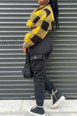 Hnewly - Gold Casual Plaid Patchwork Zipper Collar Outerwear Coats Blazer & Jacket