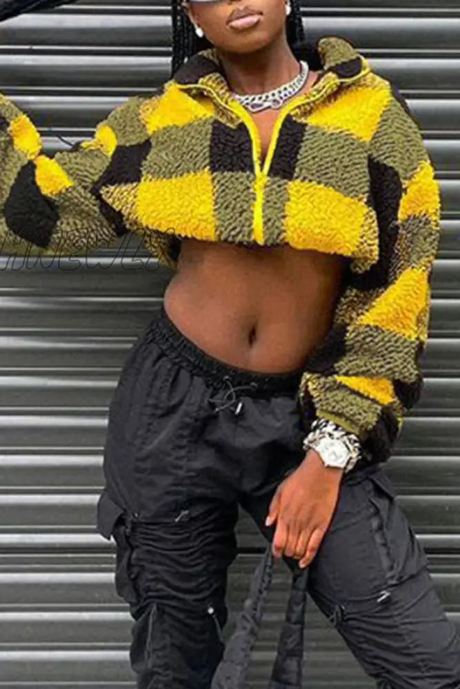 Hnewly - Gold Casual Plaid Patchwork Zipper Collar Outerwear Coats Blazer & Jacket