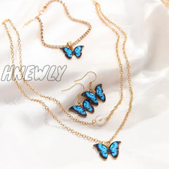 Hnewly Gold Color Chain Necklace Earrings Blue Butterfly For Women Girls Fashion Minimalist