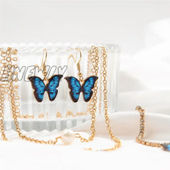 Hnewly Gold Color Chain Necklace Earrings Blue Butterfly For Women Girls Fashion Minimalist