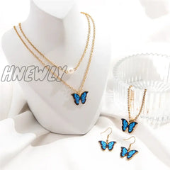 Hnewly Gold Color Chain Necklace Earrings Blue Butterfly For Women Girls Fashion Minimalist