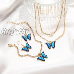 Hnewly Gold Color Chain Necklace Earrings Blue Butterfly For Women Girls Fashion Minimalist