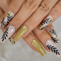 Hnewly Gold Glitter Willow Leaf Coffin Press On Fake Nails Black Nude Artificial False Nail Tips