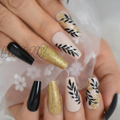 Hnewly Gold Glitter Willow Leaf Coffin Press On Fake Nails Black Nude Artificial False Nail Tips