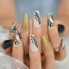 Hnewly Gold Glitter Willow Leaf Coffin Press On Fake Nails Black Nude Artificial False Nail Tips
