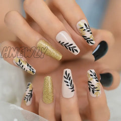 Hnewly Gold Glitter Willow Leaf Coffin Press On Fake Nails Black Nude Artificial False Nail Tips
