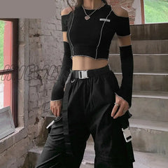 Hnewly Goth Dark E-Girl Style Patchwork Black T-Shirts Gothic Open Shoulder Sleeve Y2K Crop Tops