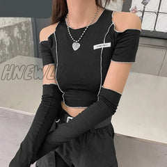 Hnewly Goth Dark E-Girl Style Patchwork Black T-Shirts Gothic Open Shoulder Sleeve Y2K Crop Tops