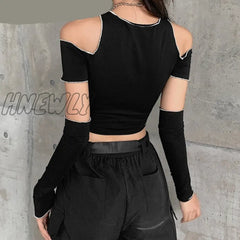 Hnewly Goth Dark E-Girl Style Patchwork Black T-Shirts Gothic Open Shoulder Sleeve Y2K Crop Tops