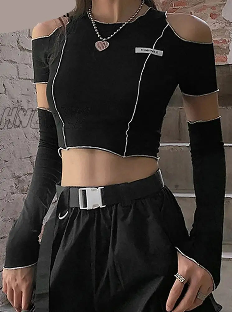 Hnewly Goth Dark E-Girl Style Patchwork Black T-Shirts Gothic Open Shoulder Sleeve Y2K Crop Tops