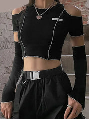 Hnewly Goth Dark E-Girl Style Patchwork Black T-Shirts Gothic Open Shoulder Sleeve Y2K Crop Tops