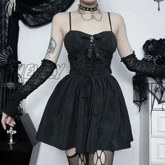 Hnewly Goth Dark Sweet Mini Dresses Women’s Bandage Spaghetti Strap Sleeveless Swing Skater Dress