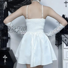 Hnewly Goth Dark Sweet Mini Dresses Women’s Bandage Spaghetti Strap Sleeveless Swing Skater Dress