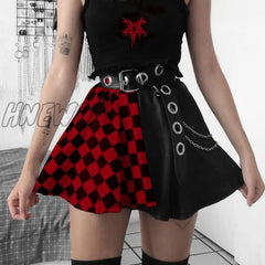 Hnewly Goth Punk Red Bandage Streetwear Skirt Sexy High Waist Harajuku Short Black Patchwork A-Line