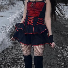 Hnewly Goth Punk Red Bandage Streetwear Skirt Sexy High Waist Harajuku Short Black Patchwork A-Line