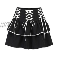 Hnewly Goth Punk Red Bandage Streetwear Skirt Sexy High Waist Harajuku Short Black Patchwork A-Line