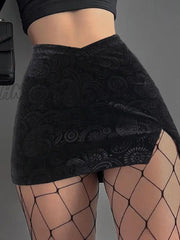 Hnewly Gothic Basic Skirt Women’s Asymmetrical High Waist Slit Split Hem Bodycon Pencil Mini
