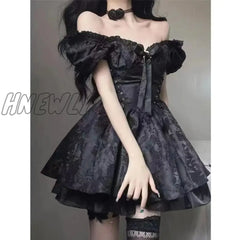 Hnewly Gothic Black Mini Dress Women Vintage Sexy Spaghetti Strap High Waist Dresses 90S Egirl Punk